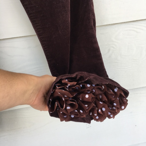 Velvet Brown Polka Dot Ruffle Capri's - Picture 4 of 5